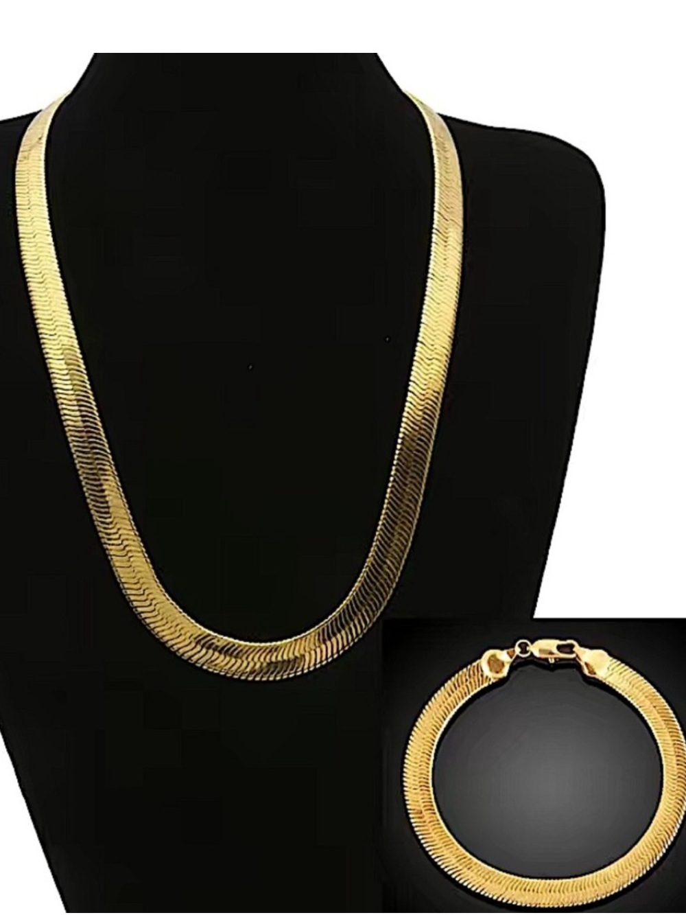 Gold Herringbone Flat Necklace Bracelet Set, Unisex, Two Piece 4mm